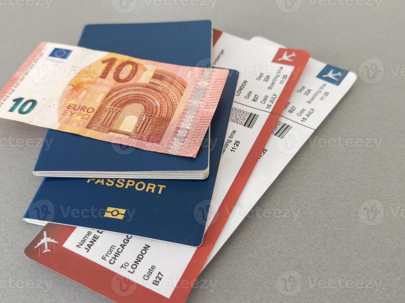 Euro, Passport and air tickets on a black background. mockup empty blank, copy space. photo