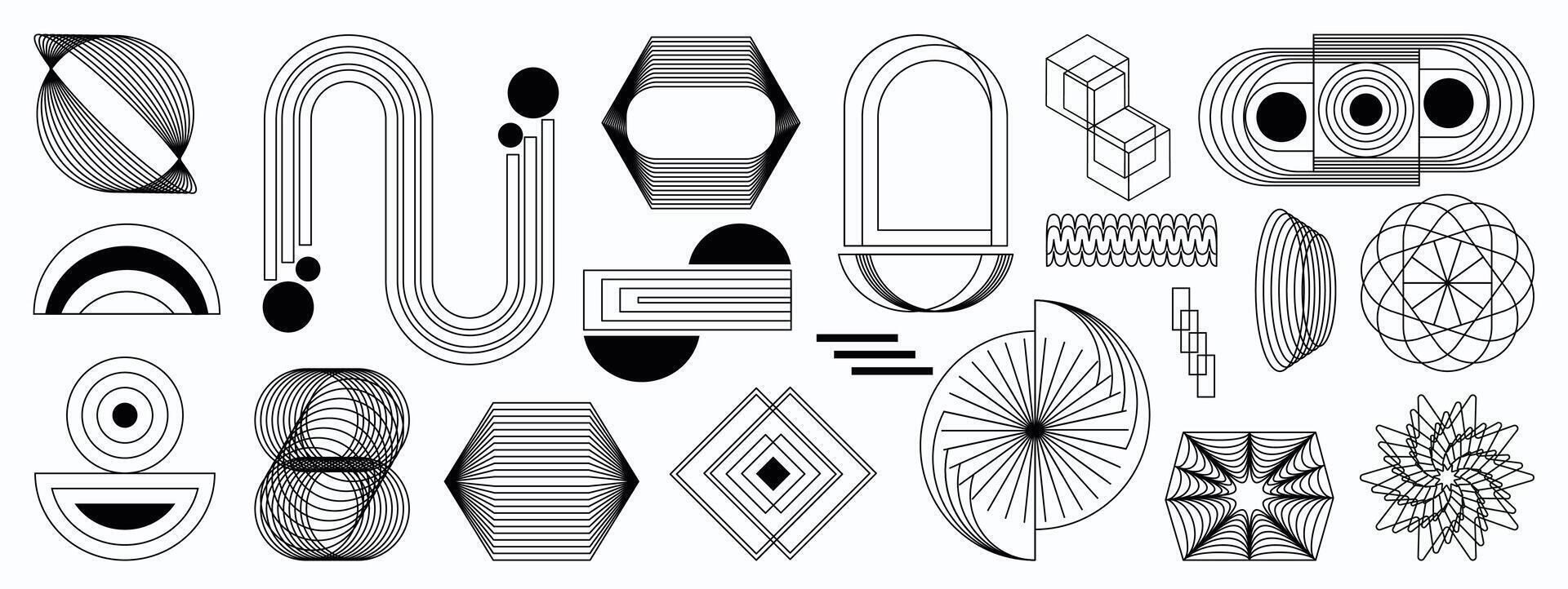 Hand drawn abstract minimal element mid century set. Aesthetic contemporary stripe line art, geometric shape in monochrome. Art form design for wall art, decoration, wallpaper. vector