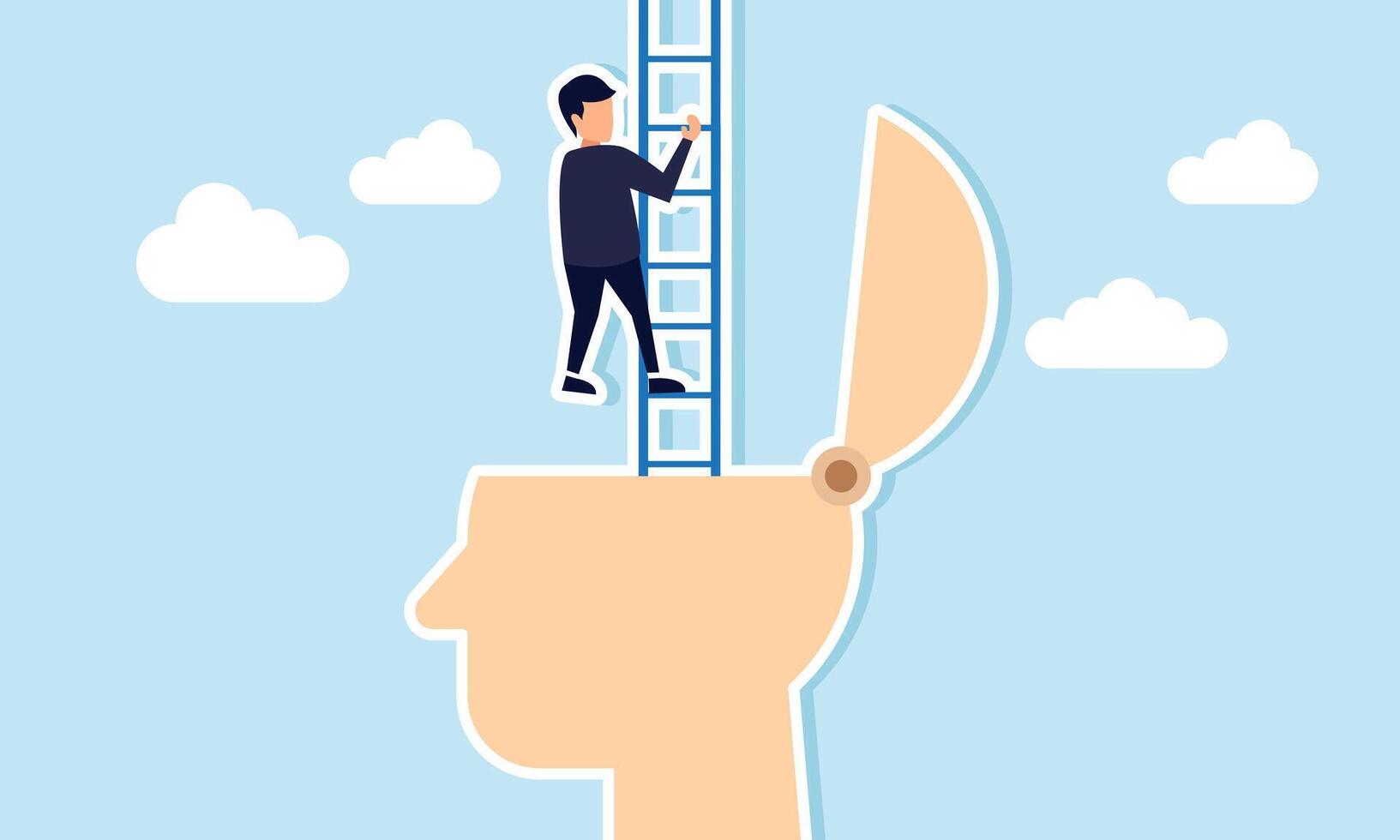 Personal development growth mindset, motivation for success, courage to seek new opportunities, concept of A confident businessman climbs the ladder of success from his head vector