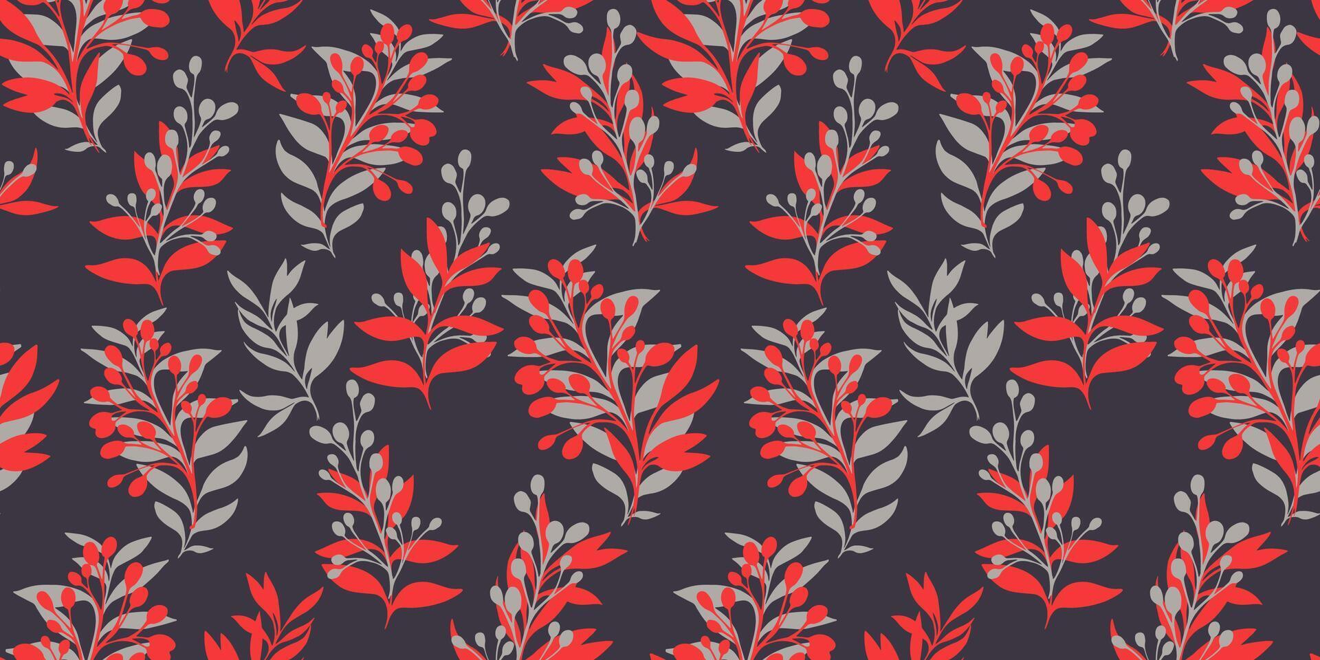 Colorful simple pattern with abstract shape branches leaves on a dark background. hand drawing sketch. Creative unique floral stems pastel seamless print. Design for fashion, fabric, wallpaper vector