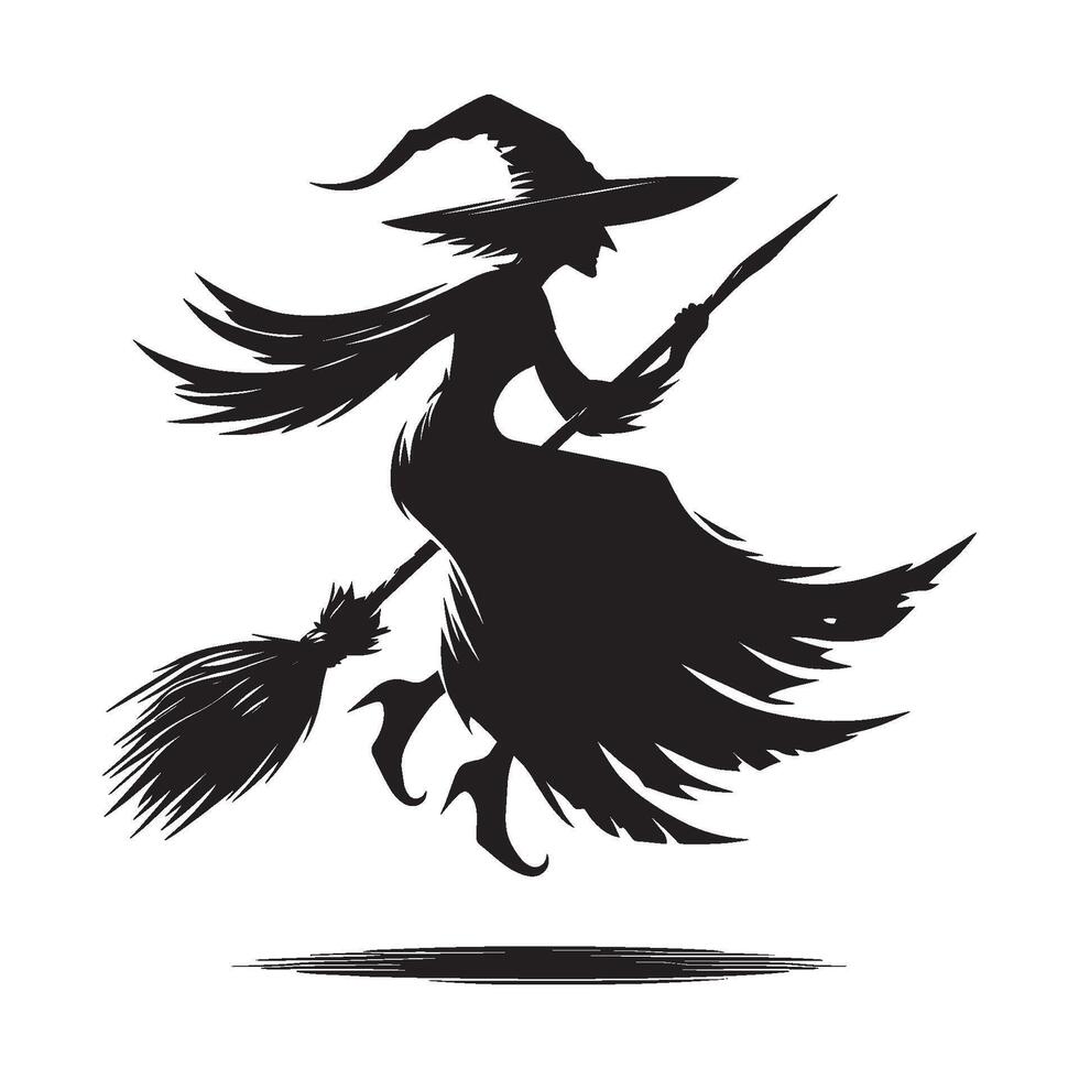 Halloween witch silhouette with broomstick, hats and magic pot illustration isolated on white background vector