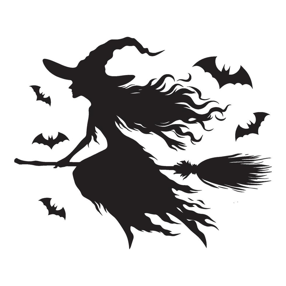 Halloween witch silhouette with broomstick, hats and magic pot illustration isolated on white background vector