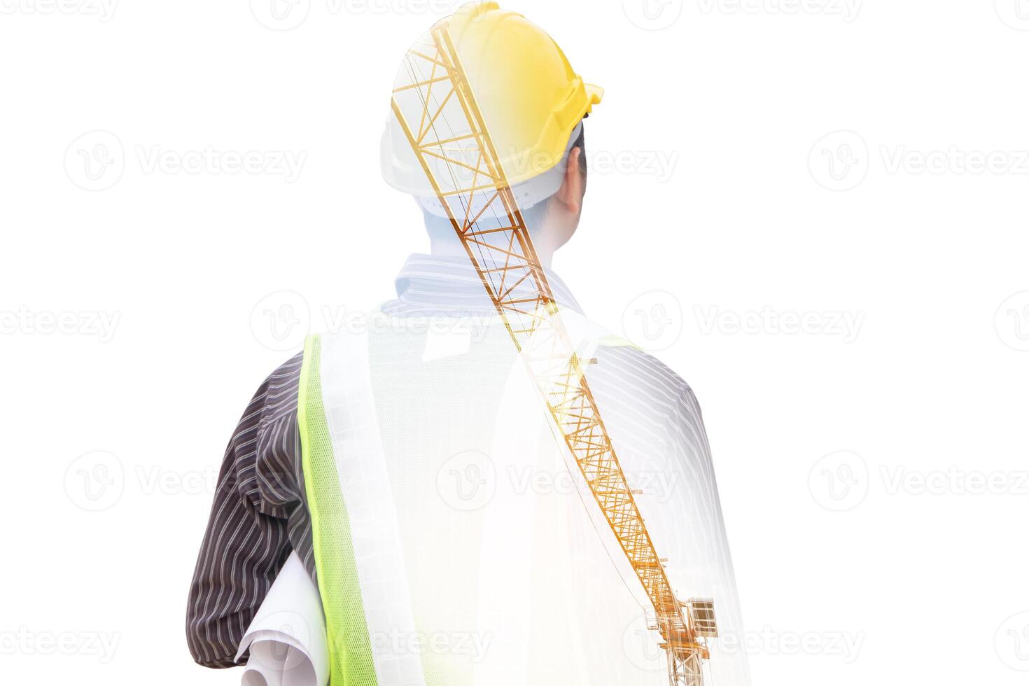 Double exposure image of professional engineer in protective helmet and blueprints paper at building construction site photo