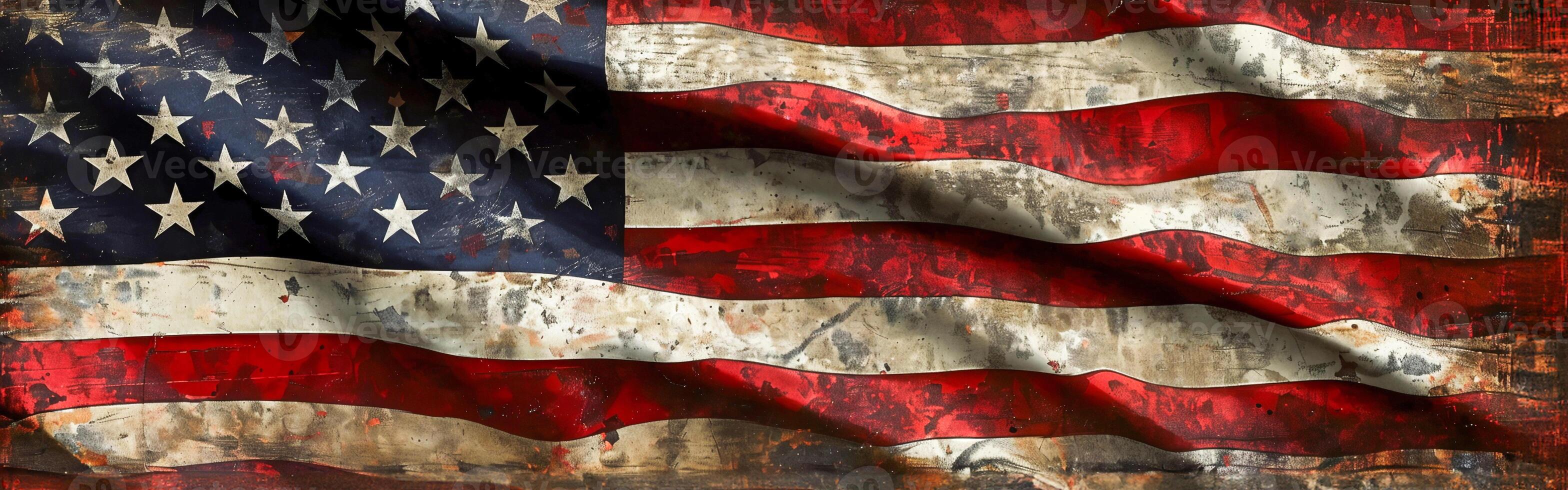 Close-up of the American flag, with its iconic red and white stripes and blue background filled with stars, symbolizing freedom and the USA in celebration or on landmarks day photo