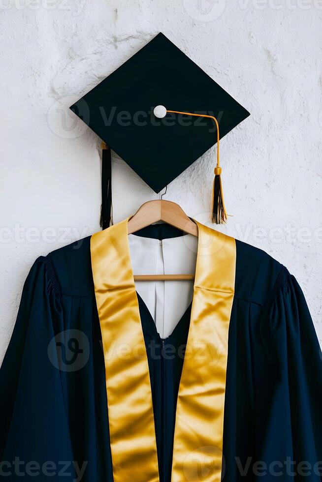 Portrait of a graduation gown and cap is presented on white wall background photo