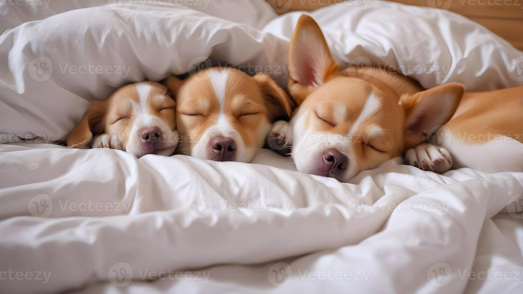 Three dogs are resting and sleeping in bend under blanket photo