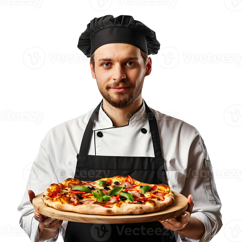 young Chef holds fresh pizza in his hands isolated on transparent background png