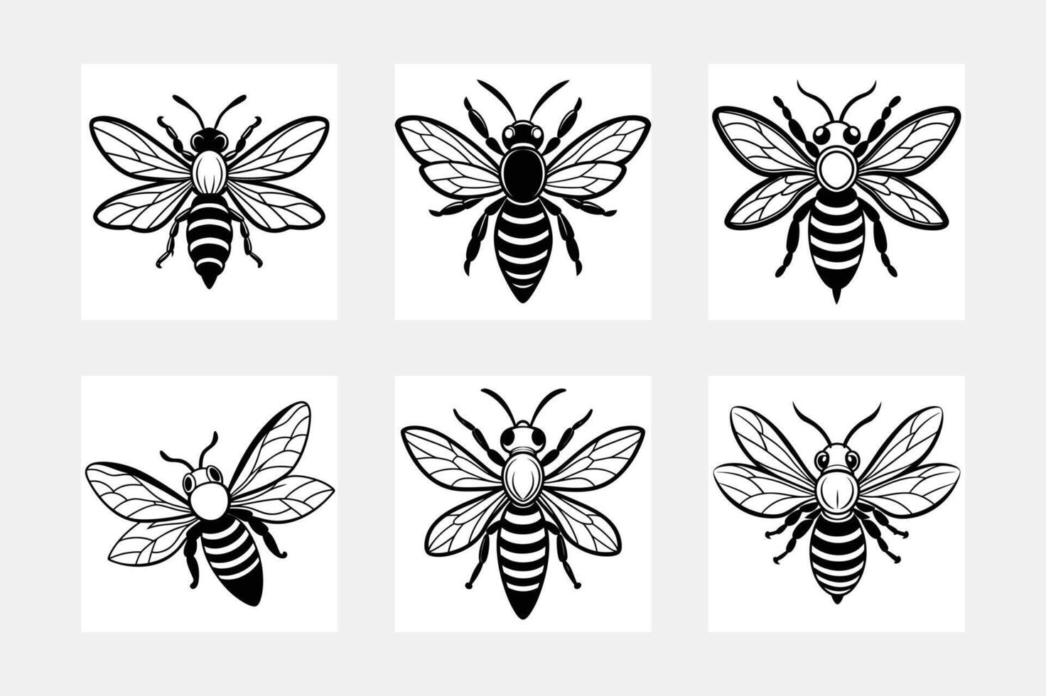 Flying Bee Silhouette Artwork Set Against White Background vector