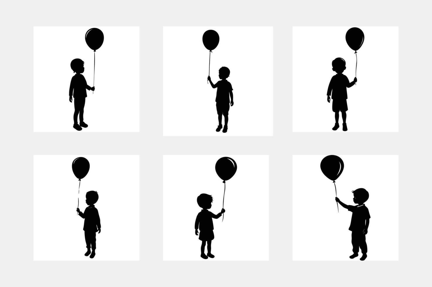 Silhouette of kids holding balloon white background art set vector