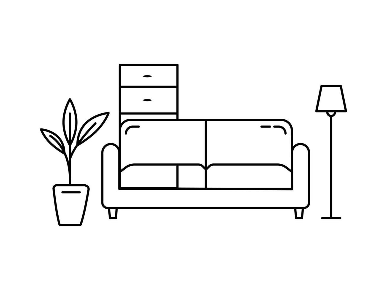 furniture for living room interior with chair lamp and potted plants. Modern flat furniture for living room interior in simple linear style. vector