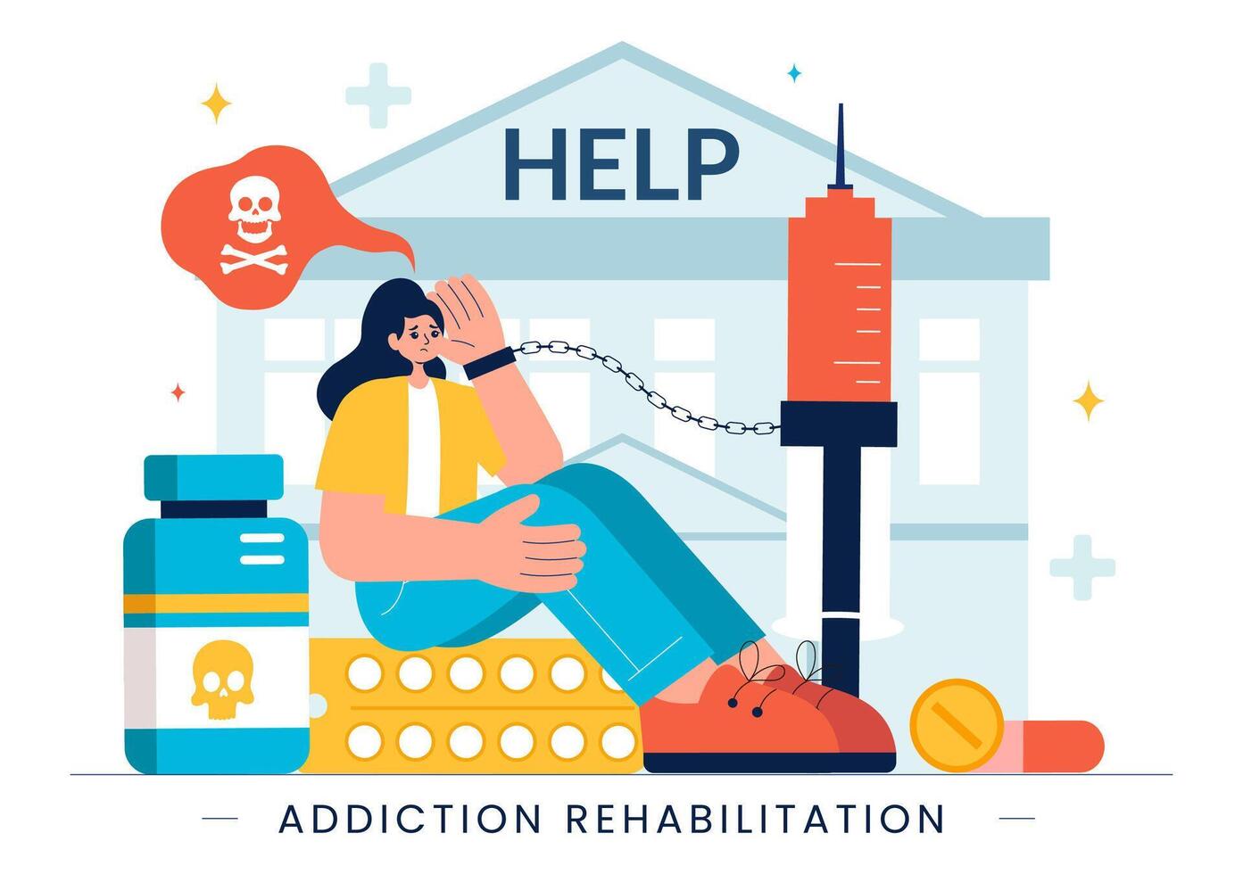 Addiction Therapy Session Illustration with Group Counseling and Medical Support vector