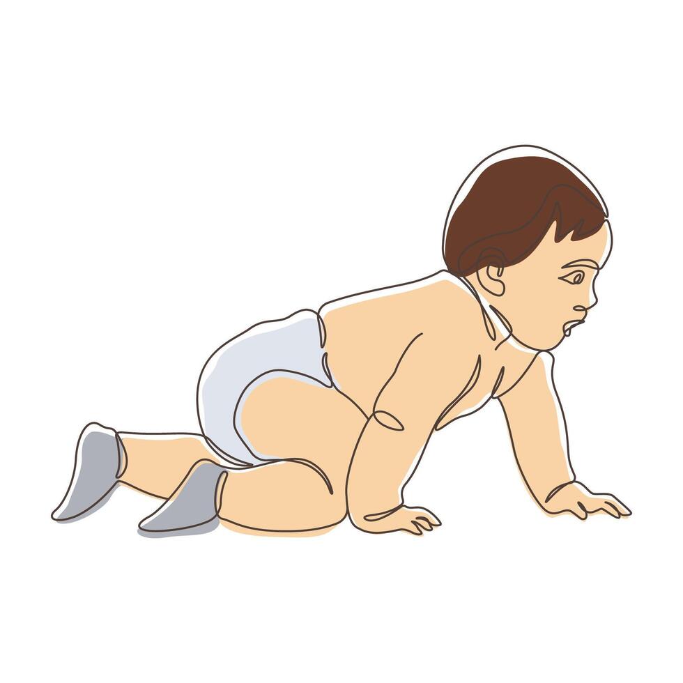 Funny Newborn Baby Cartoon Character Crawling in Line Art Doodle Design vector