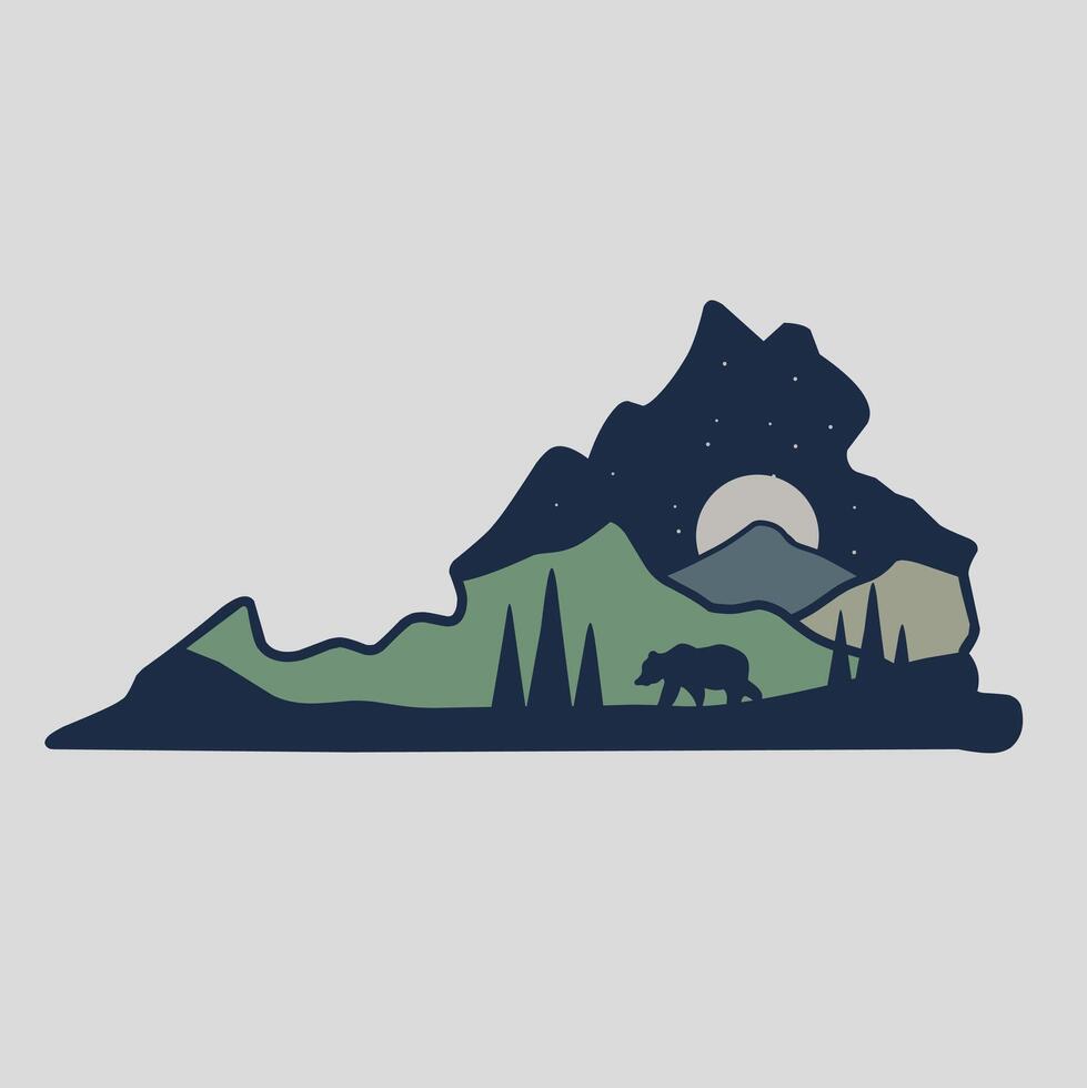 Virginia Night Wilderness Bear Silhouette with Mountains and Moon perfect for Print, Apparel, Sticker vector