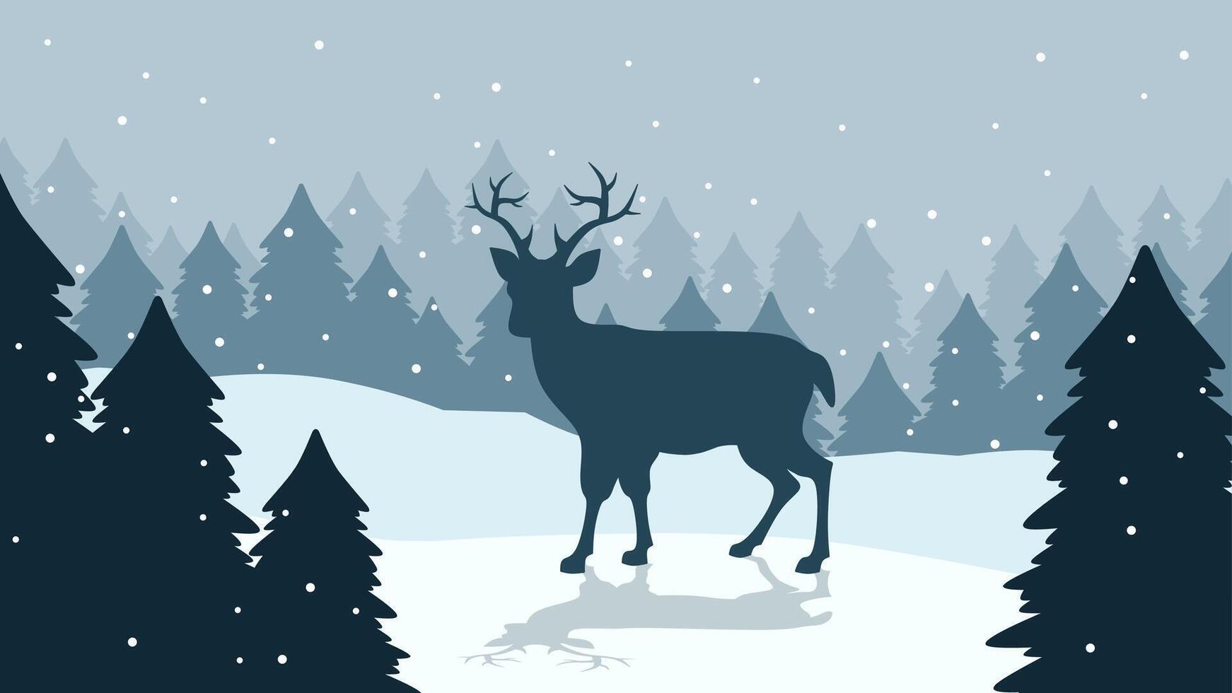 Wildlife landscape of reindeer in a winter scenery. Panoramic view of reindeer on a snowy hill with coniferous trees. Illustration of scenic landscape with reindeer on a cold season vector