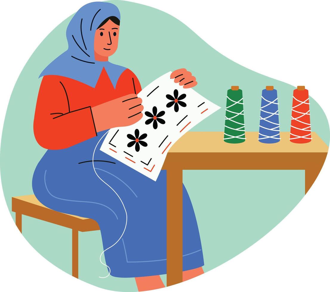 A flat illustration of woman doing palestinian embroidery on cloth vector