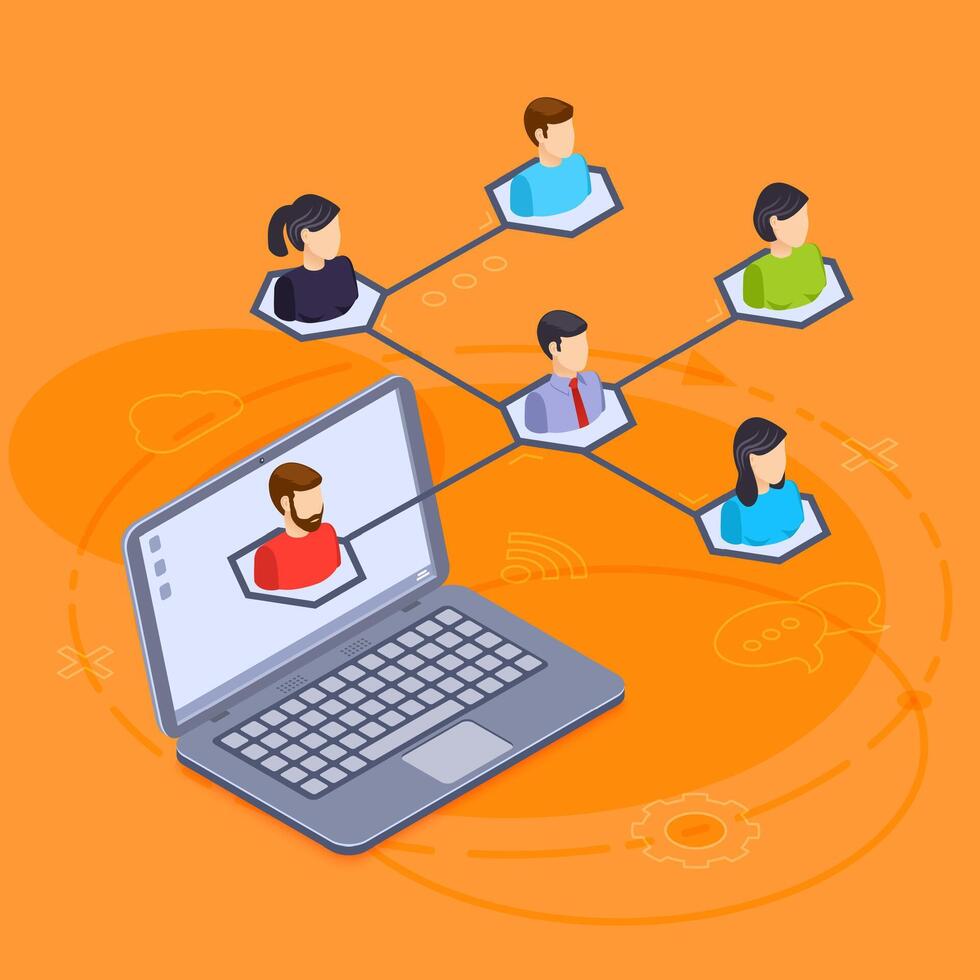 Business people networking using social media platform on laptop, communicating and sharing information online, building professional relationships and collaborating remotely vector