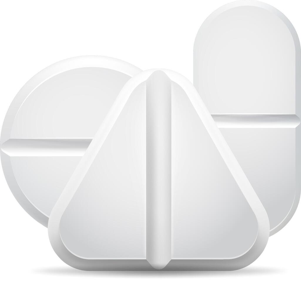 Three white pills in varying shapes arranged on a clean white background, symbolizing the concepts of medicine, healthcare, and treatment in the pharmaceutical industry vector