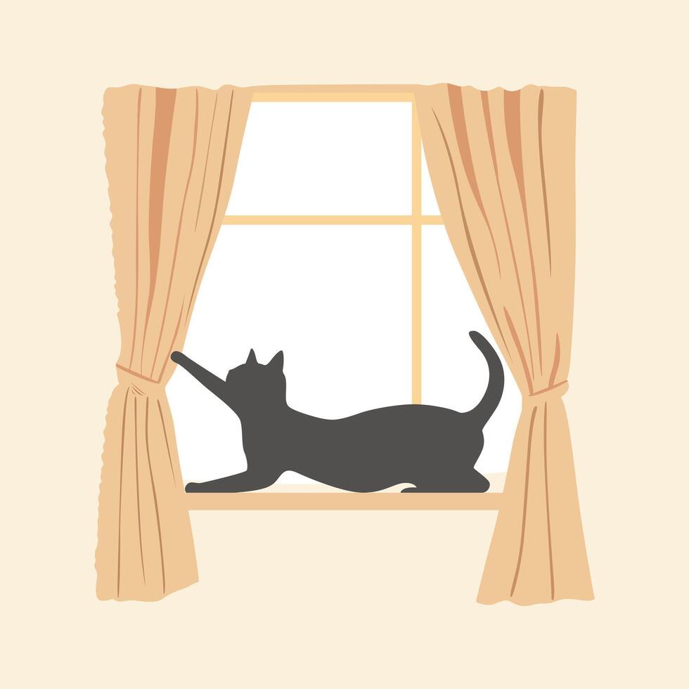 illustration of a cat stretching on a window sill with soft curtains against a solid beige background vector