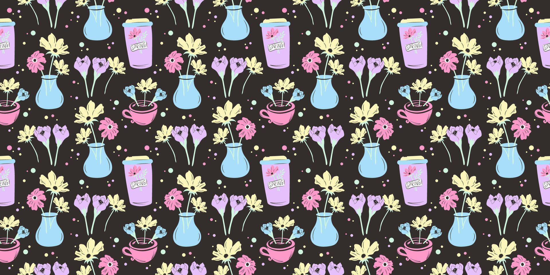 Seamless pattern with spring flowers, vase, coffee cup on dark background. vector