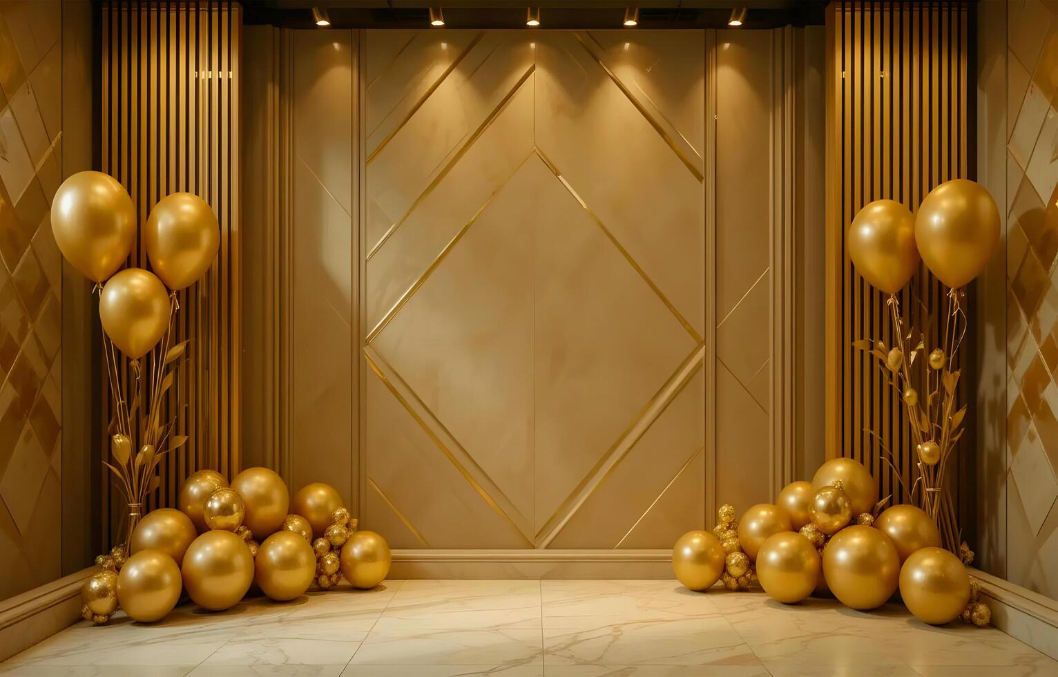 Luxurious Golden Ballroom Art Deco Wall Panels Geometric Gold Decorations Elegant Lighting Glamorous Party photo