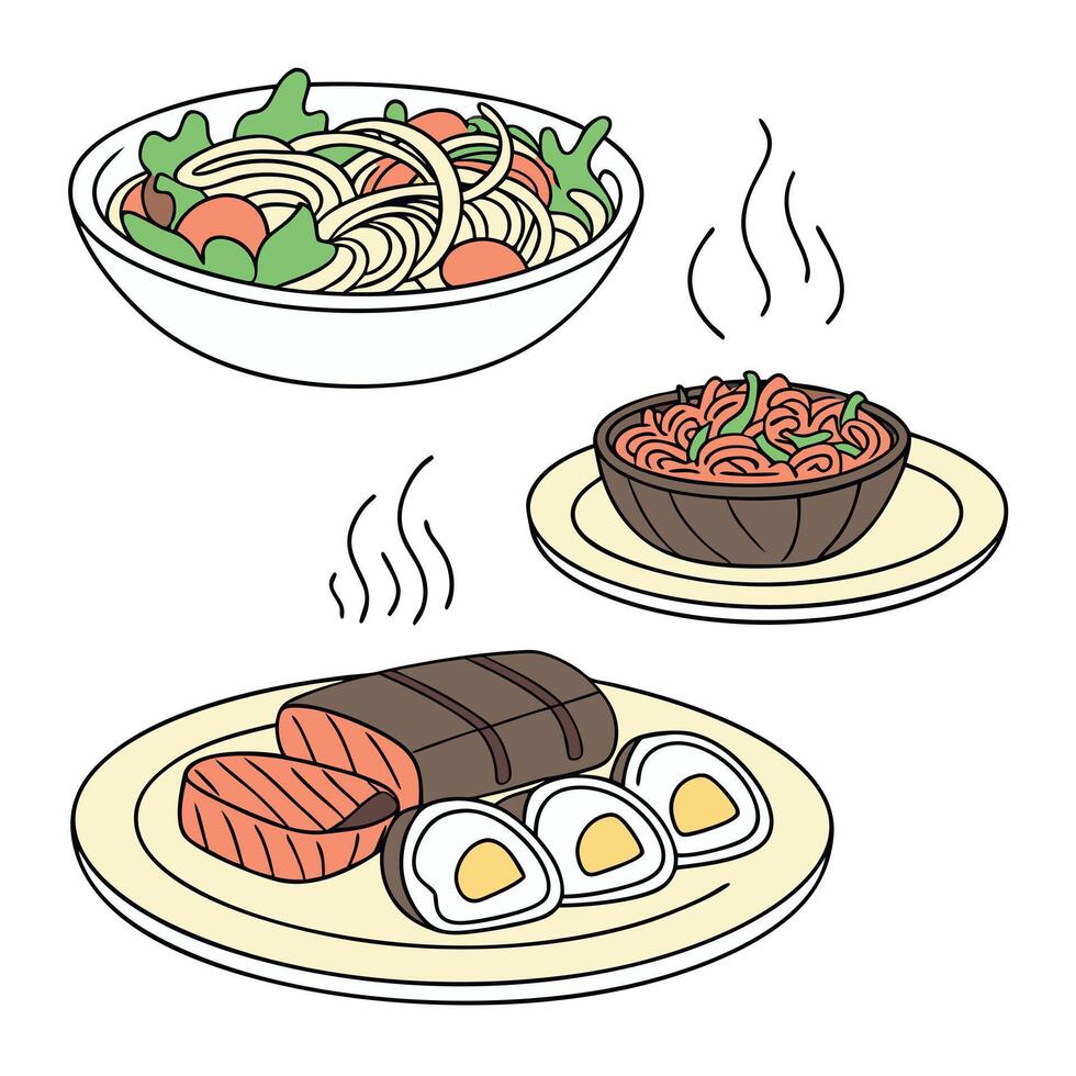 A set of three plates with food on them vector