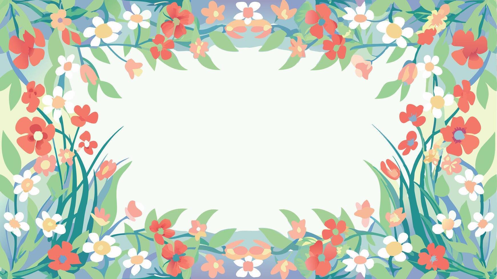 A floral frame with a white background and red, orange and green flowers vector