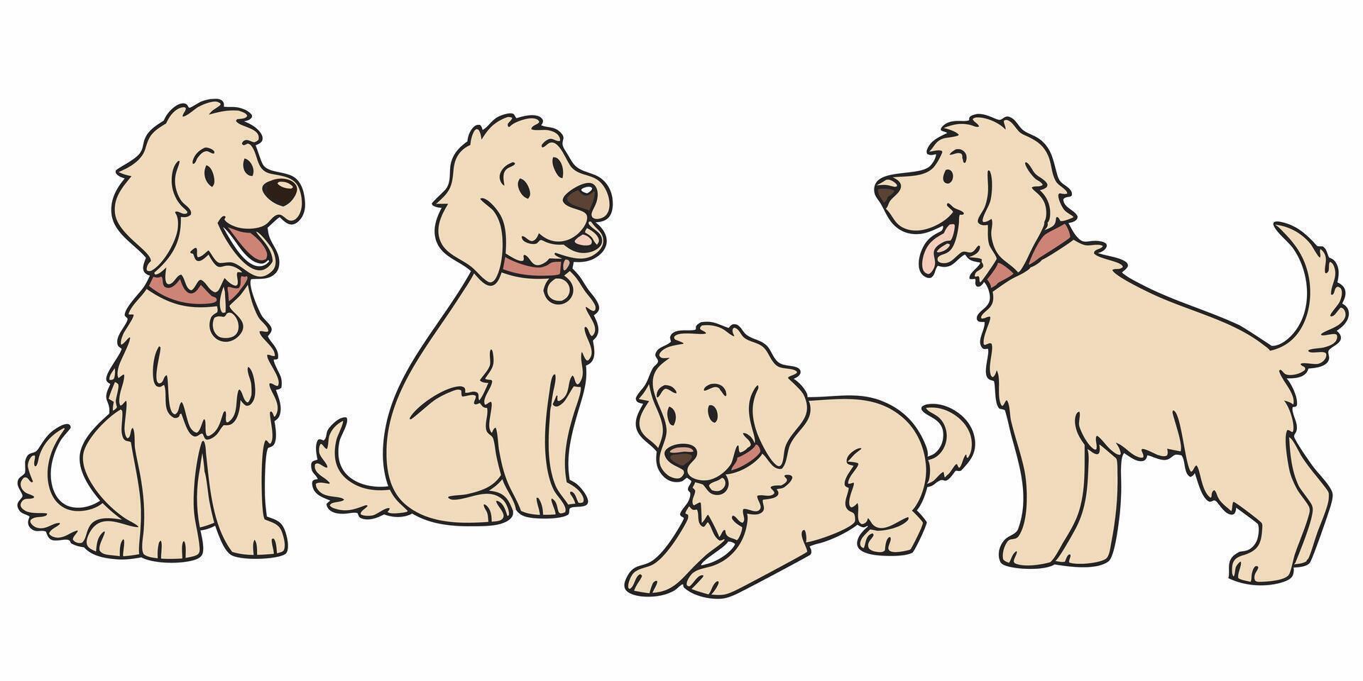 four dogs in different poses, one with a collar vector