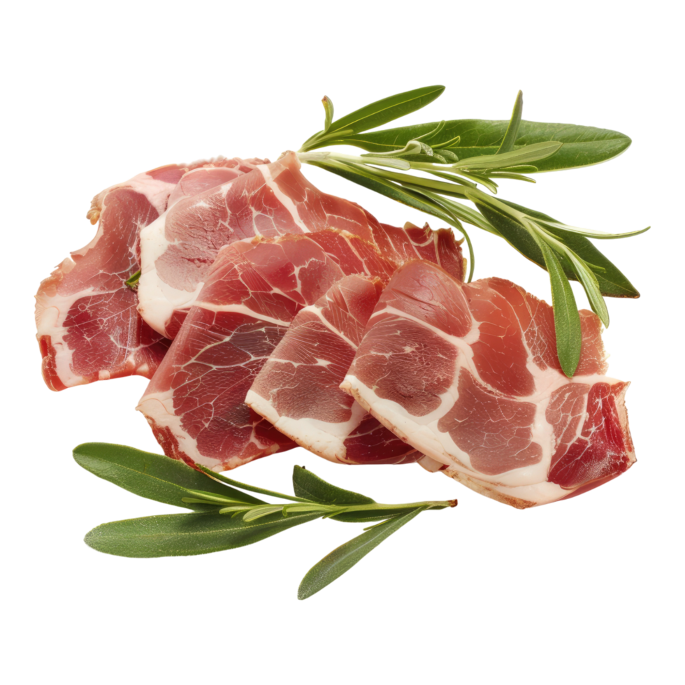 Sliced ham with rosemary on transparent background png