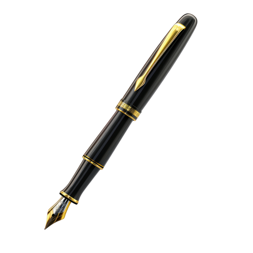 A black and gold fountain pen on a transparent background png