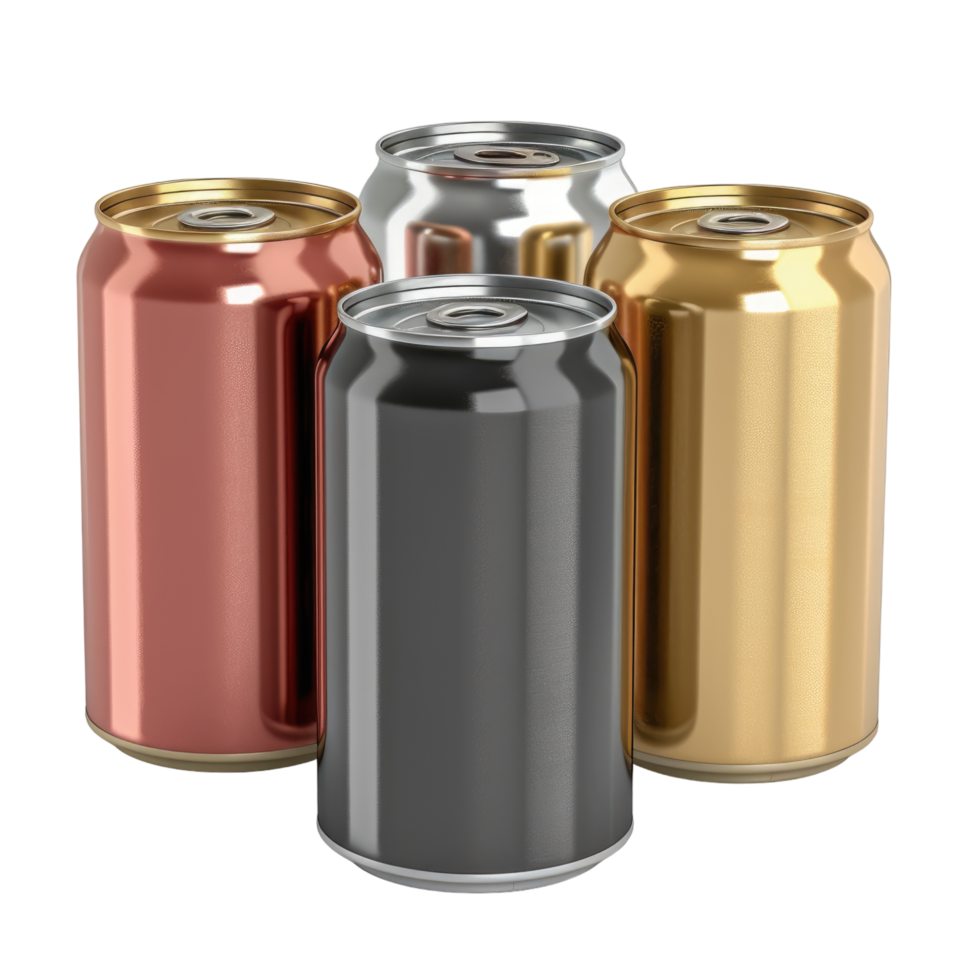 Four different colored cans of soda on a transparent background png