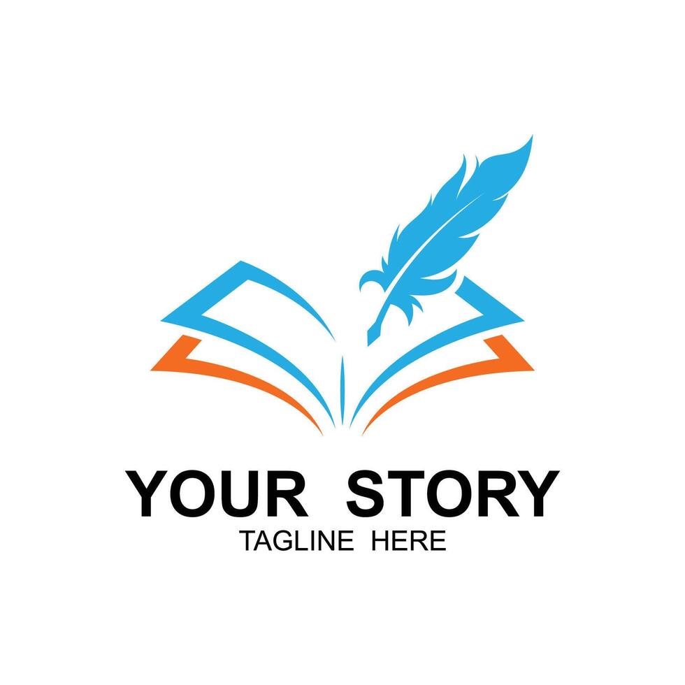 Pen quill book logo writing in the papers on an open book vector