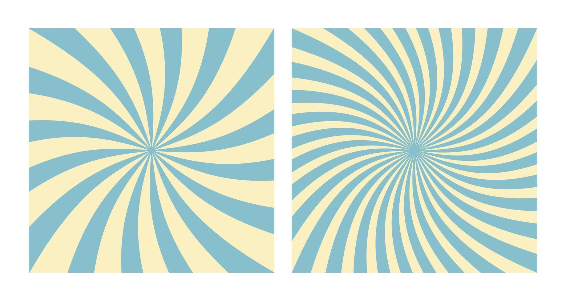 Set of Two Abstract Blue Spiral Patterns on Beige Background. Square Posters with Blue Groovy Hypnotic Swirls, Retro Inspired Grunge Sun Bursts vector