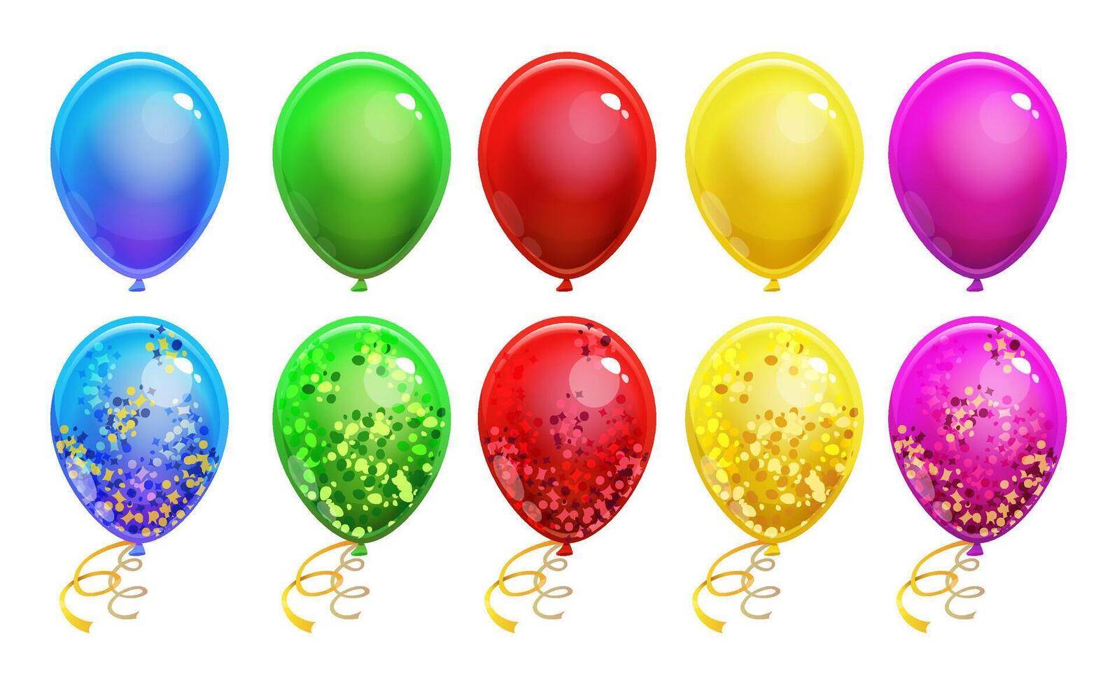 Set of colorful balloons with golden ribbons and confetti. Stickers elements isolated vector