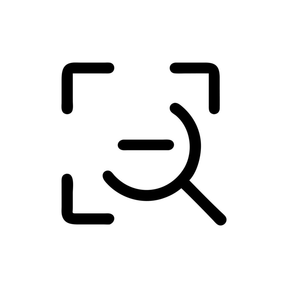 Simple Icon of a Magnifying Glass within a Focus Frame, Magnifying glass revealing text lines within a document symbol. Discovery of content within text files. Search tool. vector