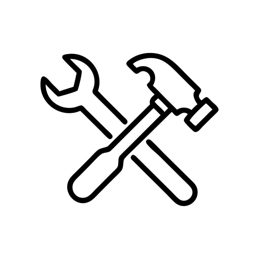 Crossed Wrench and Hammer Icon, Representing Maintenance or Repair. Hammer and wrench icon. Wrench and hammer. Tools icon isolated on white background. vector