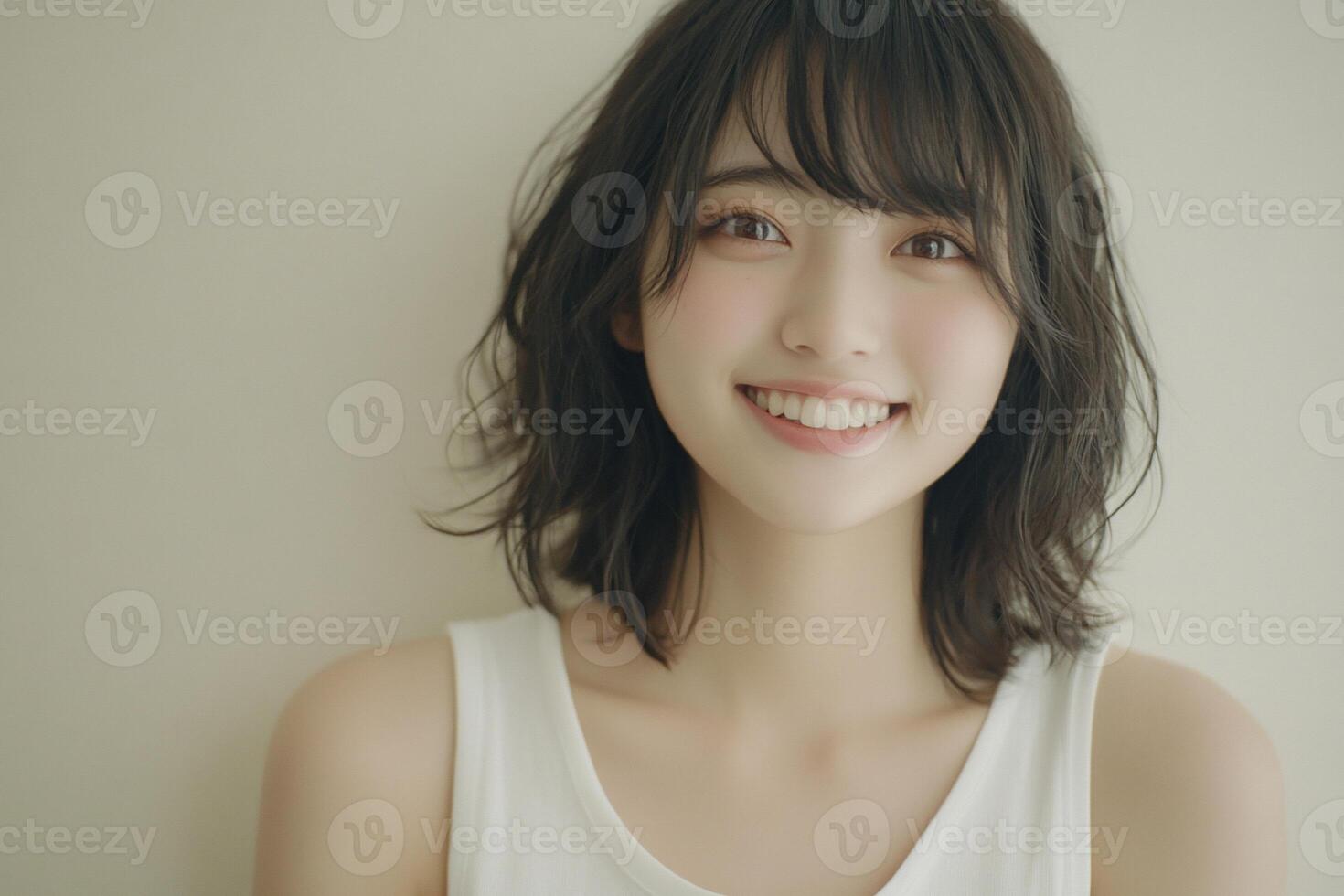 A woman with short hair and a white tank top photo