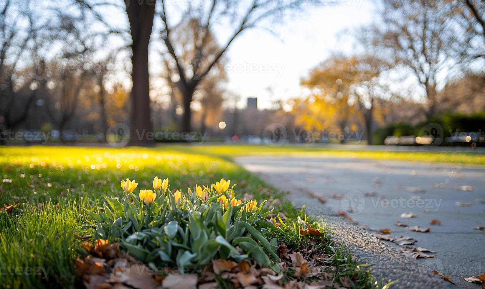 A serene park scene with blooming flowers and autumn leaves. photo