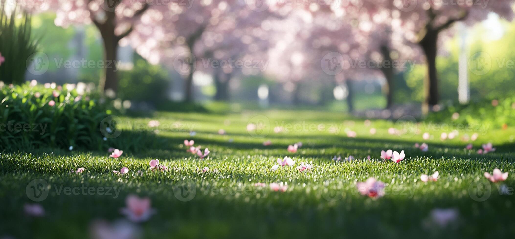 A serene pathway lined with blooming cherry trees and scattered petals. photo