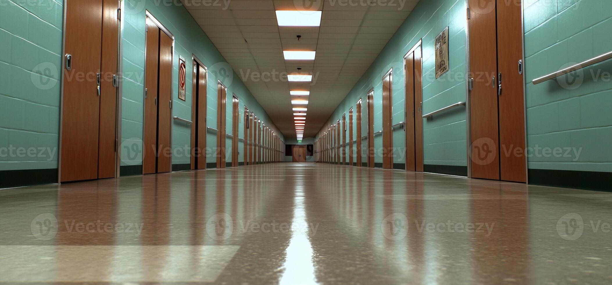 A long, empty corridor with doors on either side and polished floors. photo