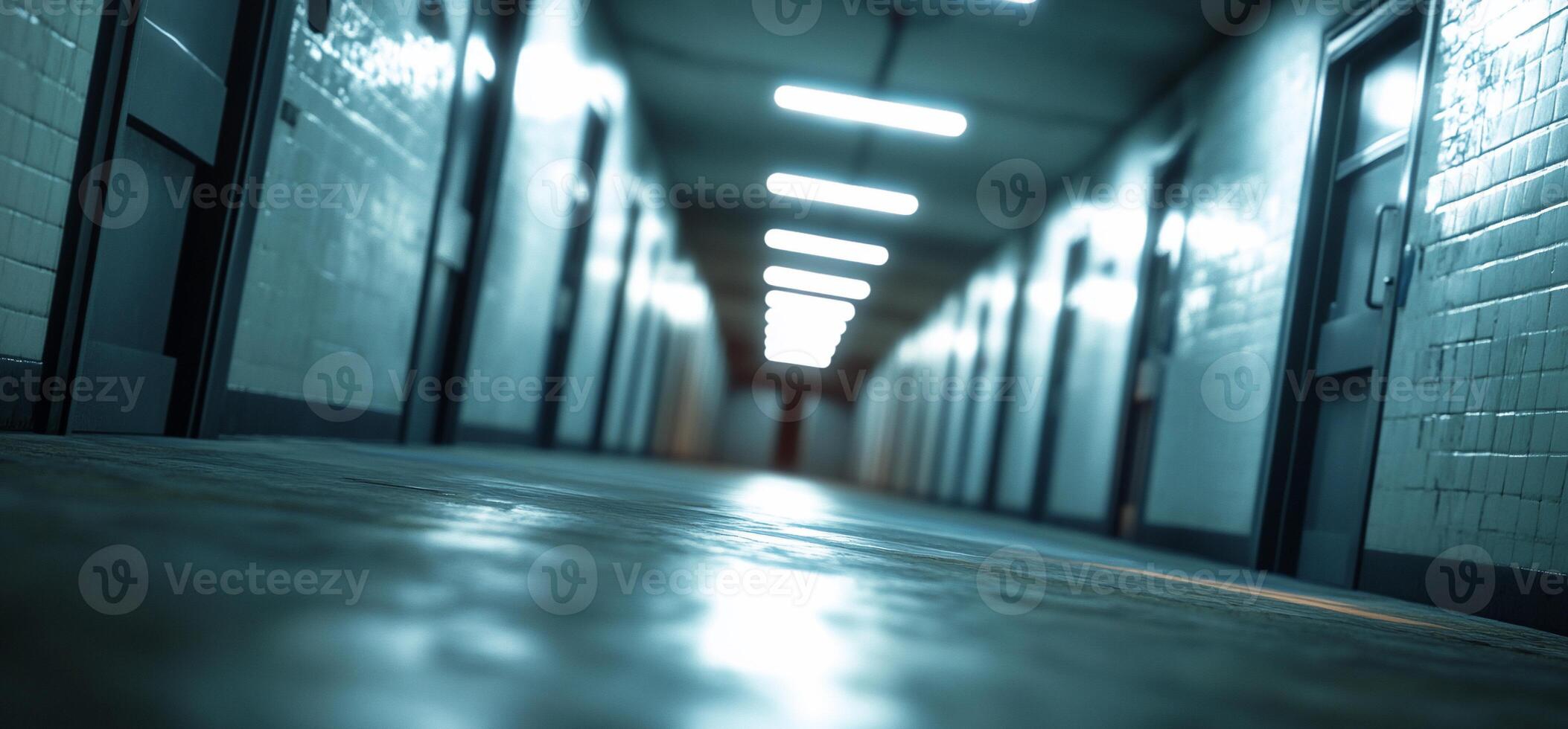 A dimly lit corridor with doors and tiled walls. photo