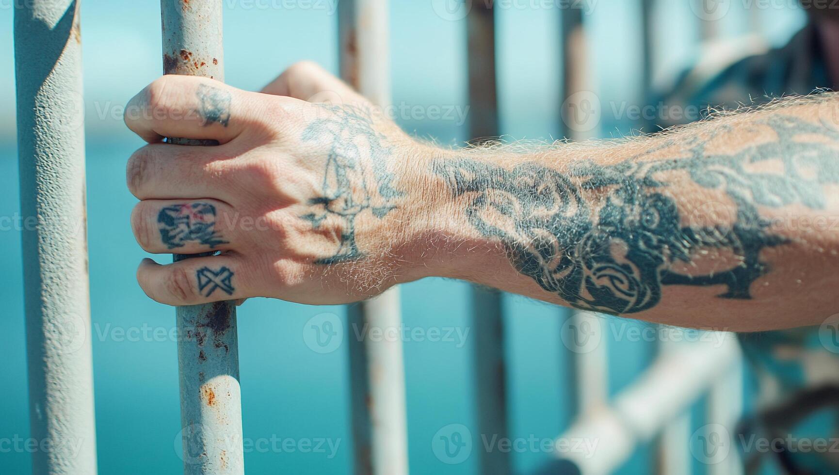 A man with tattoos on his hands is holding onto a railing photo
