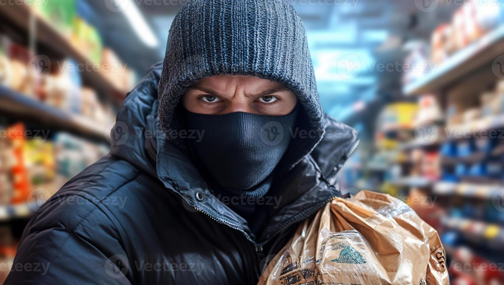 A man in a black mask and hoodie holding a bag photo