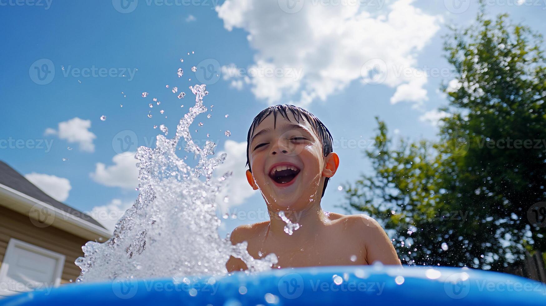 A joyful child splashes water while playing in a pool on a sunny day. photo