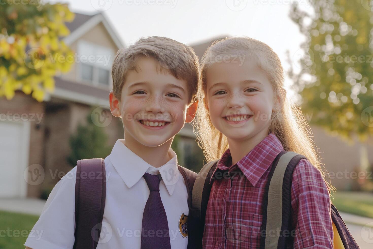 Two smiling children with backpacks pose outdoors in a sunny setting. photo