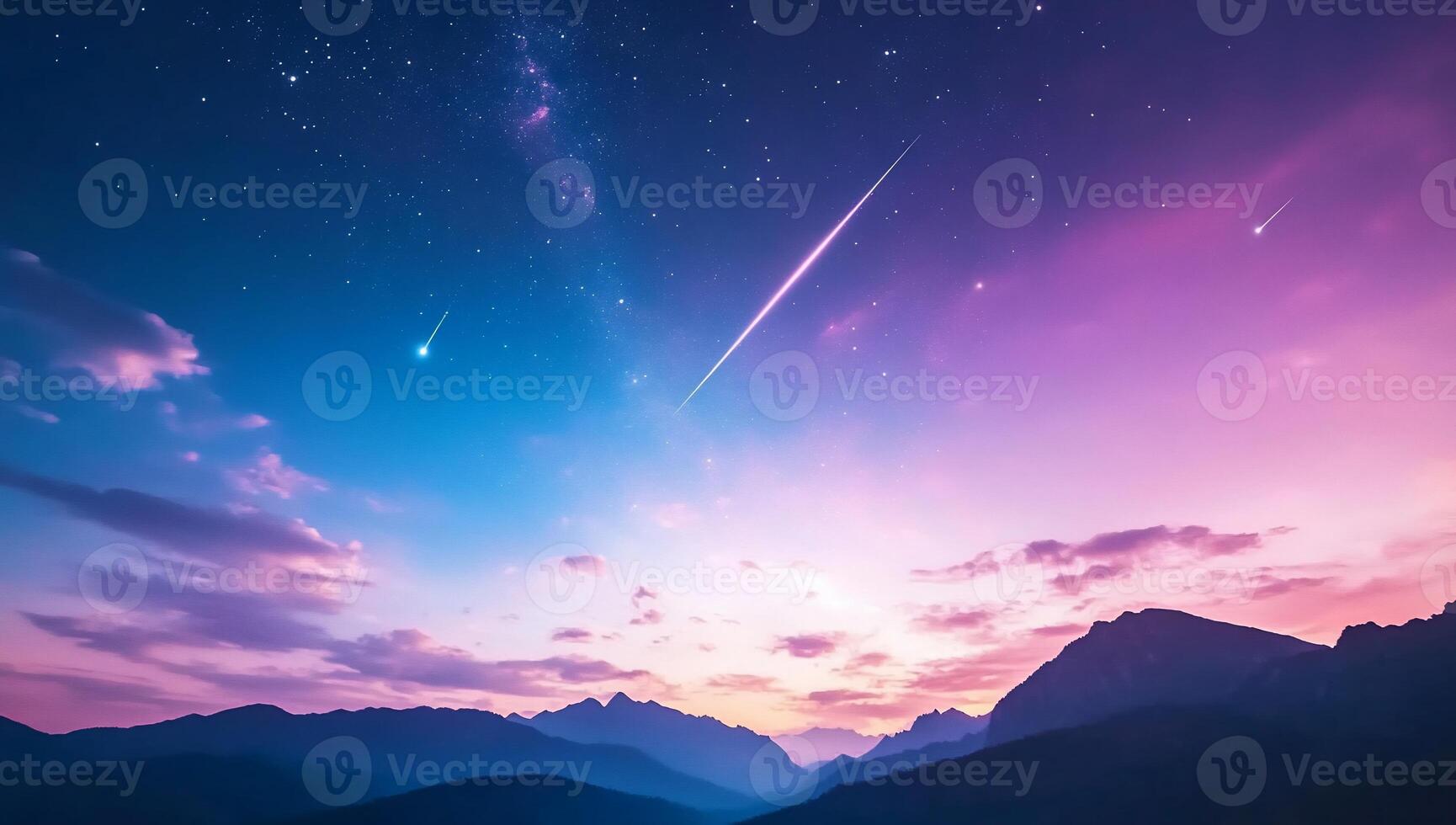 A stunning night sky filled with meteors and a colorful sunset backdrop. photo