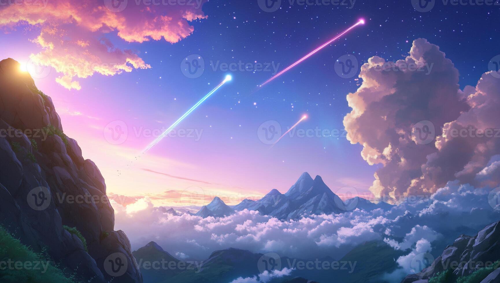 A serene landscape with mountains, clouds, and shooting stars at dusk. photo