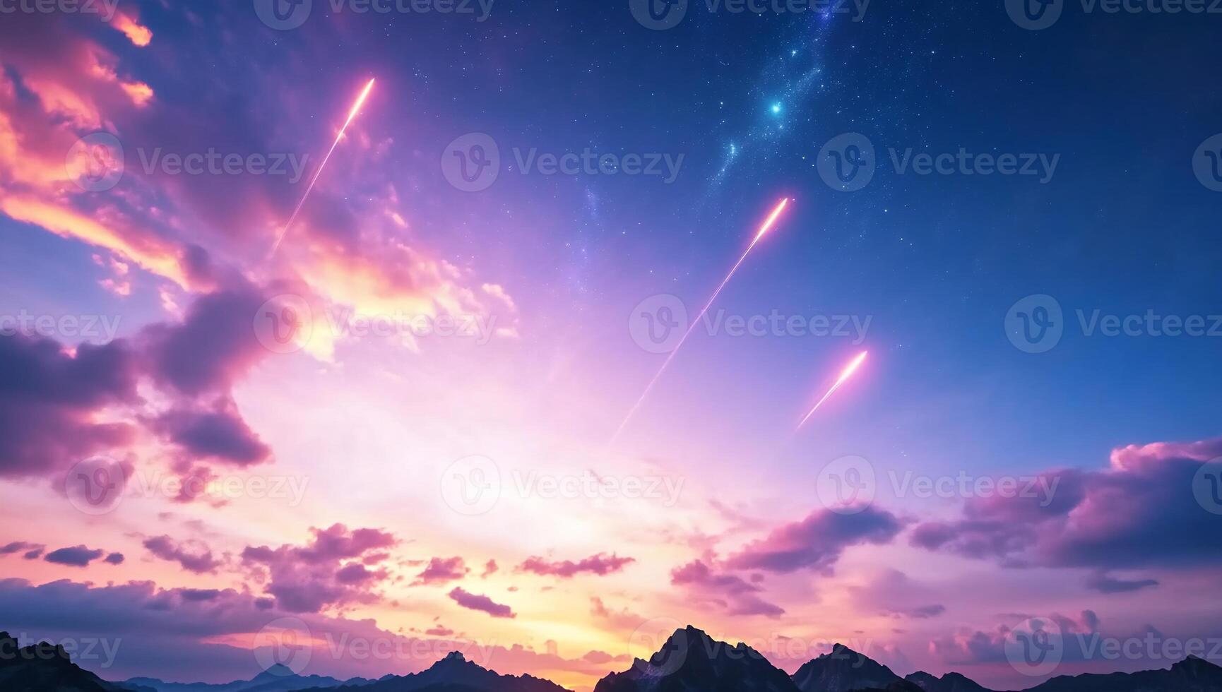 A stunning sunset with meteors streaking across a colorful sky. photo