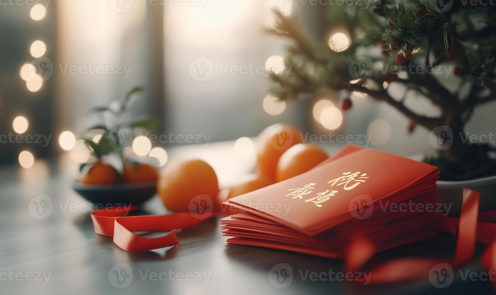 A festive display with red envelopes, oranges, and a small tree. photo