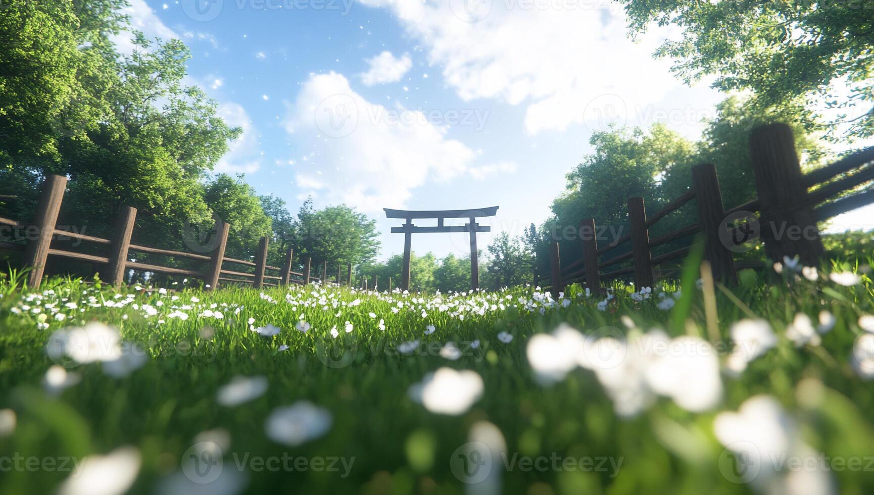 A serene landscape featuring a torii gate amidst a grassy field. photo