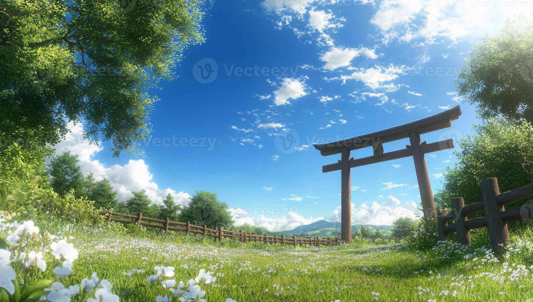 A serene landscape featuring a traditional torii gate amidst lush greenery. photo